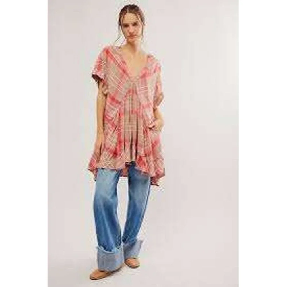 Free People Pink Tan Plaid Babydoll Oversized Mini Dress SMALL Boho Cottage
